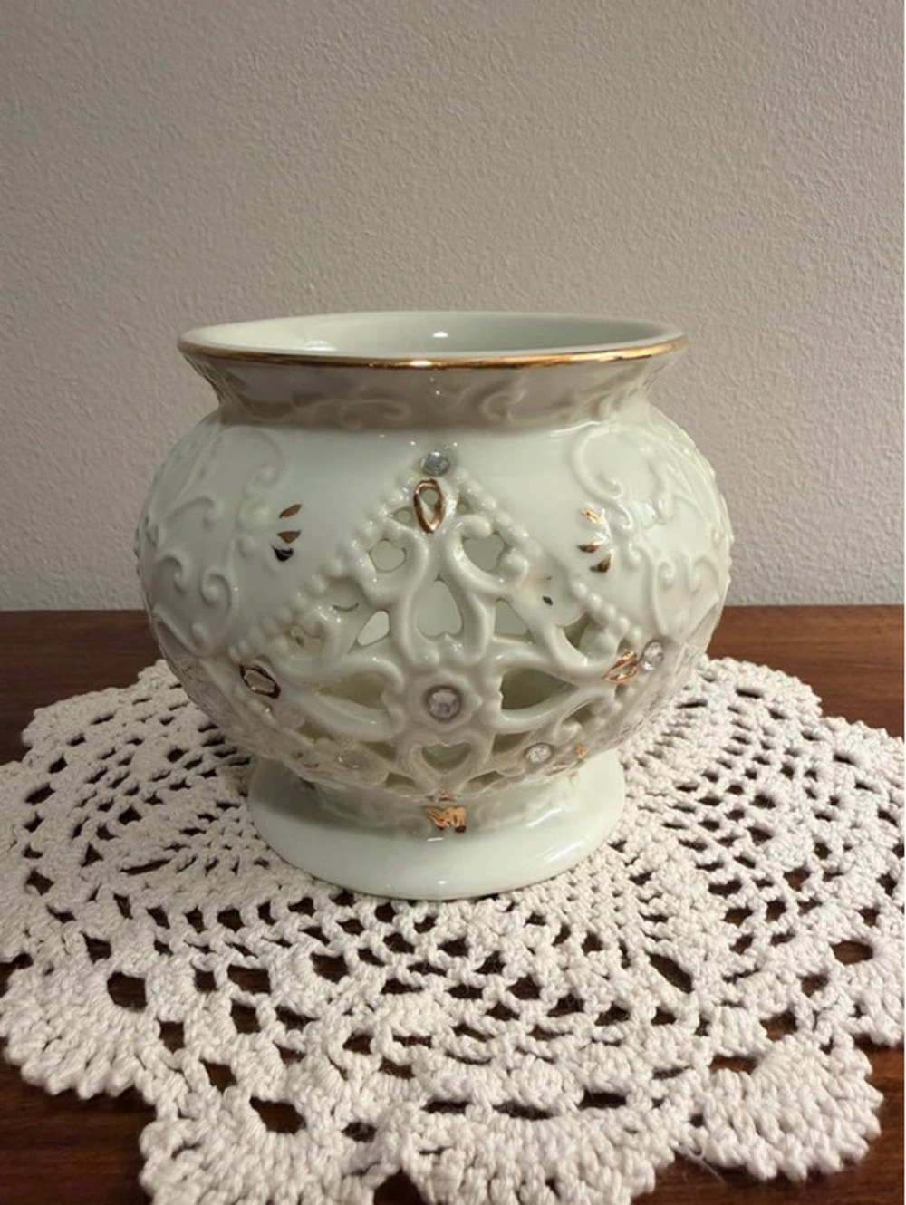 Formalities by Baum Bros Pierced Porcelain Votive Holder Ivory Gold Rhinestones